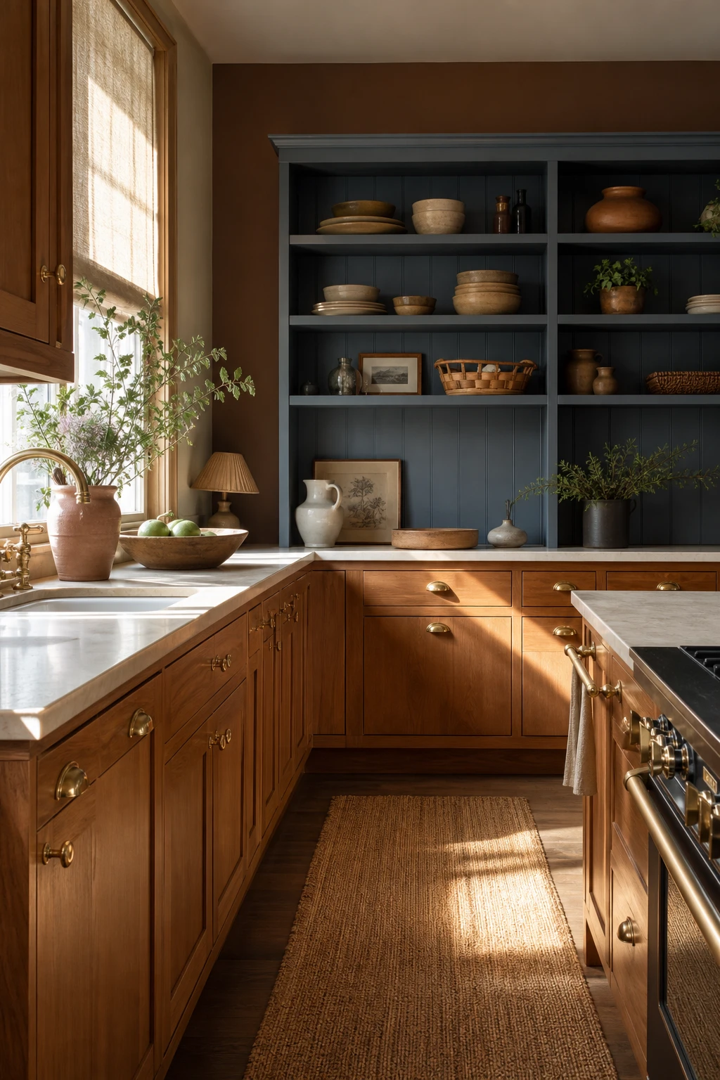 Brown and beige kitchen with cool toned contrast accents making warm cabinetry and stone surfaces glow, soft natural light from a side window