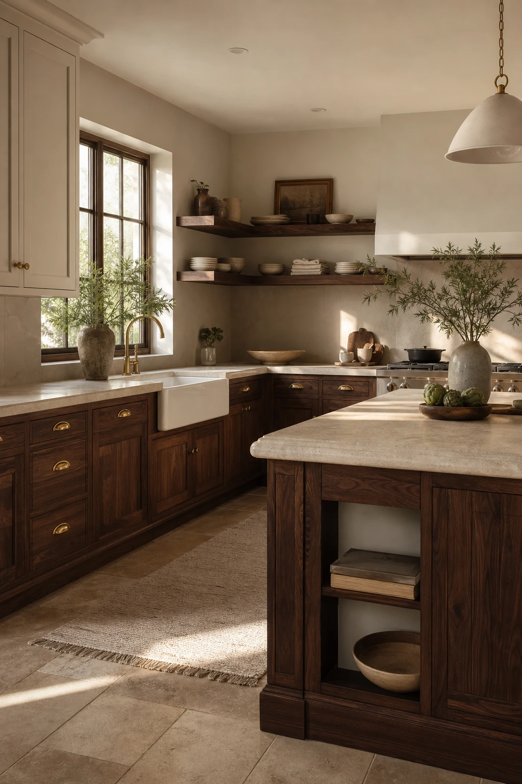 Brown and beige kitchen with cream cabinetry, dark wood accents, stone countertops and warm natural light in a timeless classic style