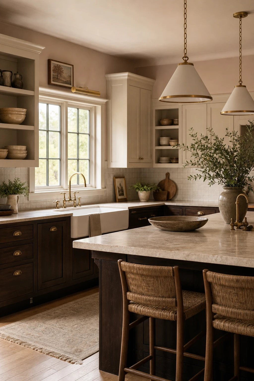 Brown and beige kitchen with cream upper cabinets and dark wood lower cabinets, warm natural light, Farrow & Ball Duster paint on walls