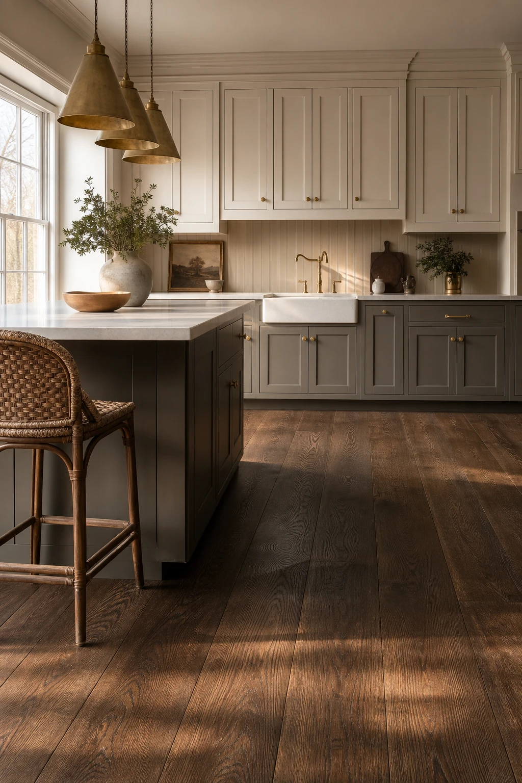 Brown and beige kitchen with dark oak floor as hero, warm cabinetry, stone countertops, brass fixtures, and Farrow and Ball Wainscot painted lower cabinets