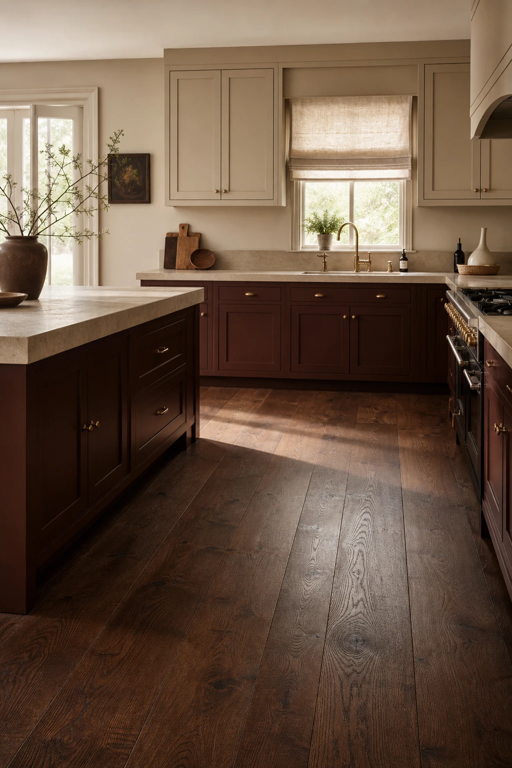 Brown and beige kitchen with dark oak hardwood floors, warm cabinetry, stone countertops and Farrow and Ball Mahogany painted lower cabinets