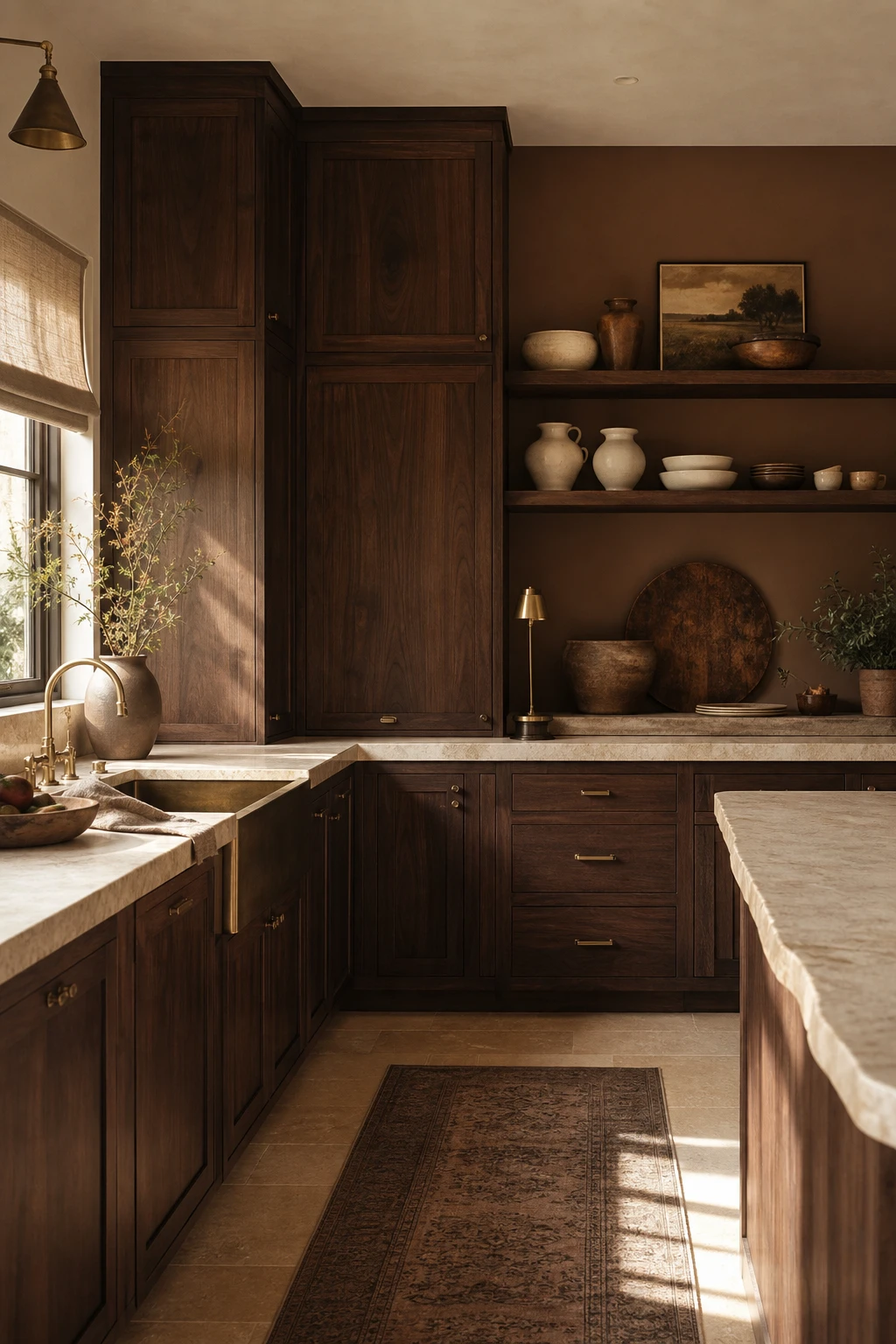 Brown and beige kitchen with dark walnut cabinetry as the hero feature, warm grain detail, stone countertops, and natural light from a wide window