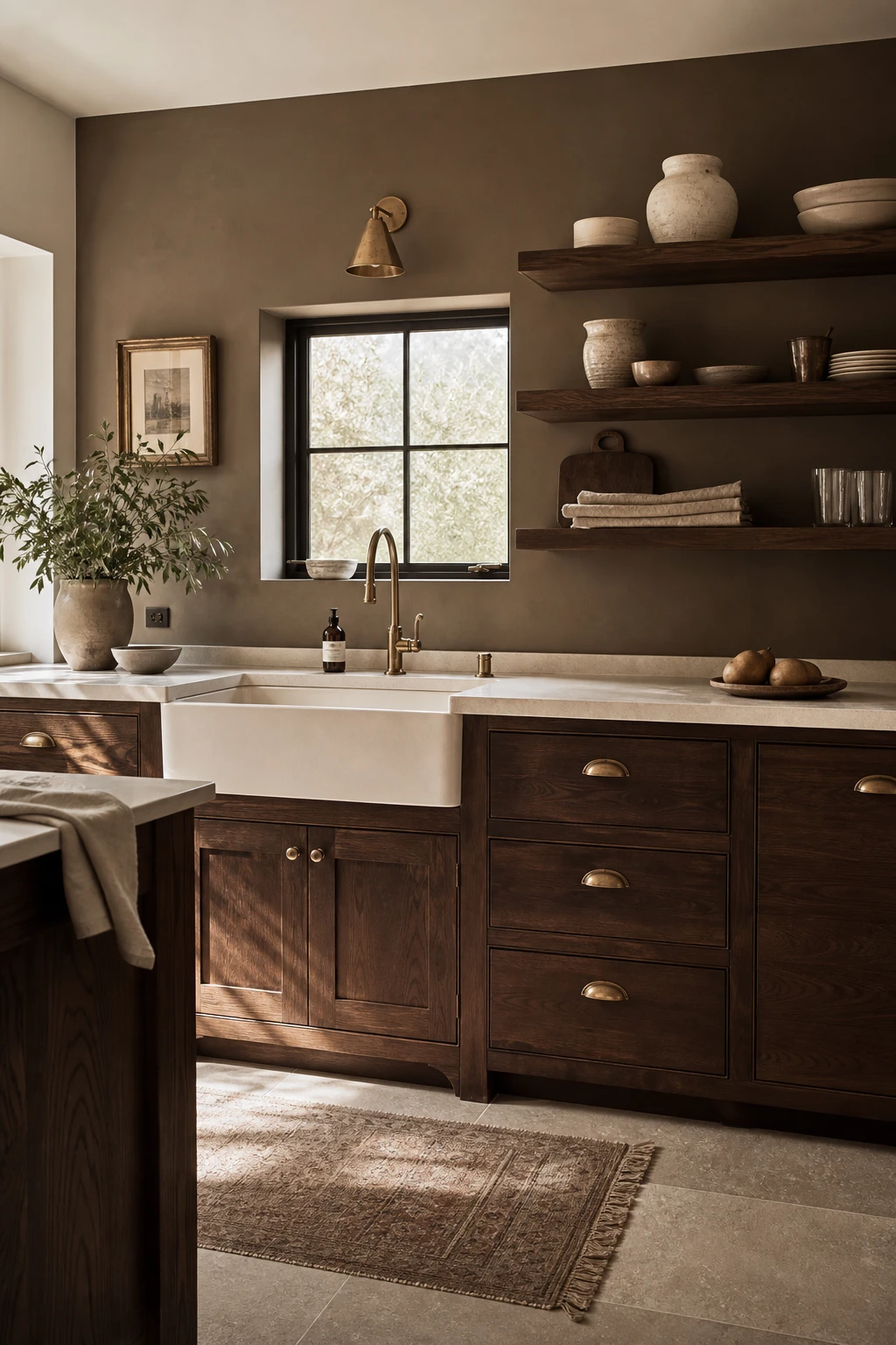 Brown and beige kitchen with dark walnut cabinetry as the hero, pale stone countertops, cream plaster walls in Farrow and Ball Tanners Brown, and warm natural light