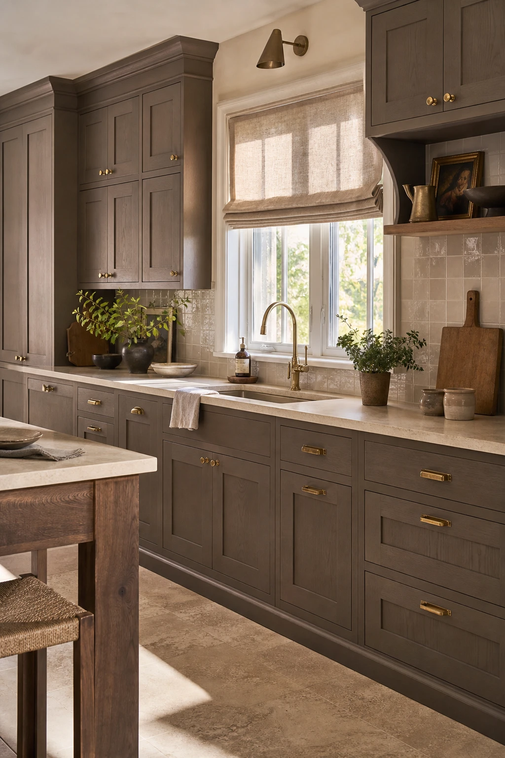 Brown and beige kitchen with deep brown cabinets painted in Farrow and Ball London Clay anchoring a warm layered space with natural light