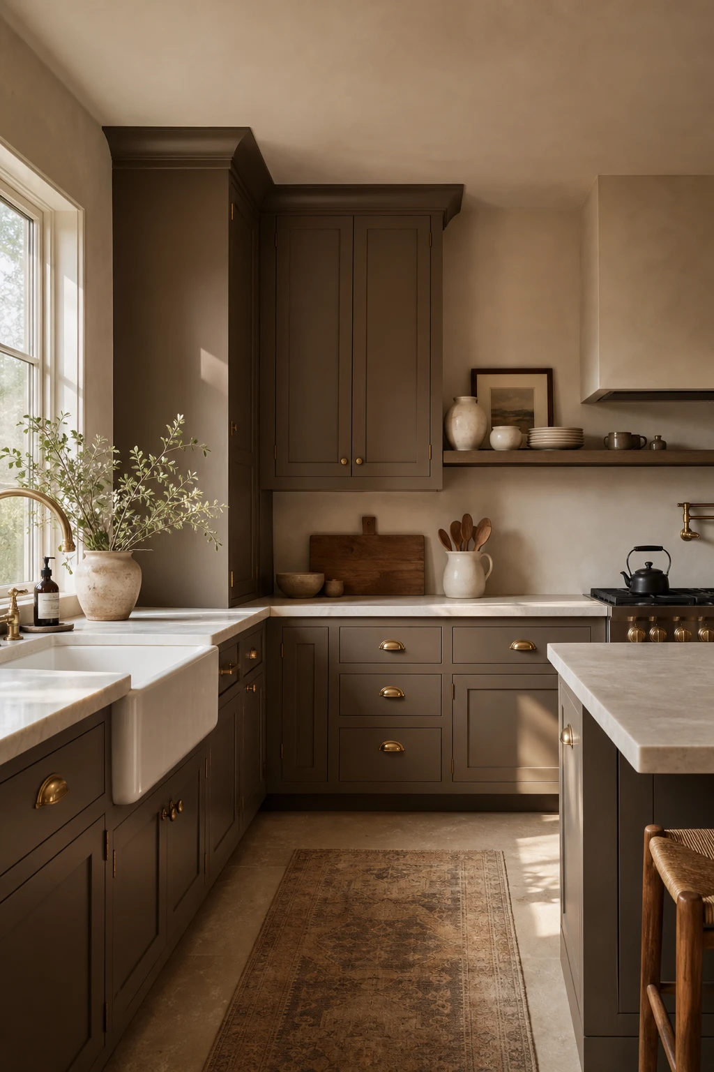 Brown and beige kitchen with deep brown cabinets painted in Farrow and Ball London Clay, stone countertops, brass hardware and warm natural light