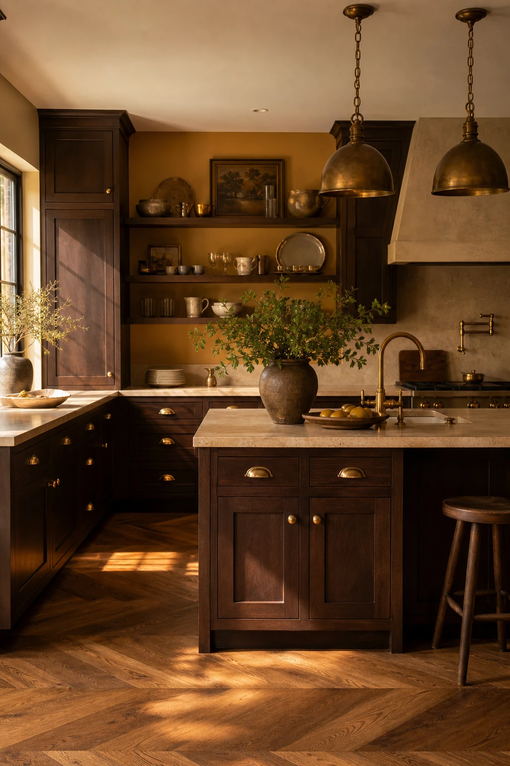 Brown and beige kitchen with gold accents, rich brown cabinetry, brass hardware, warm pendant lighting, and Farrow and Ball India Yellow walls in a luxurious warm palette