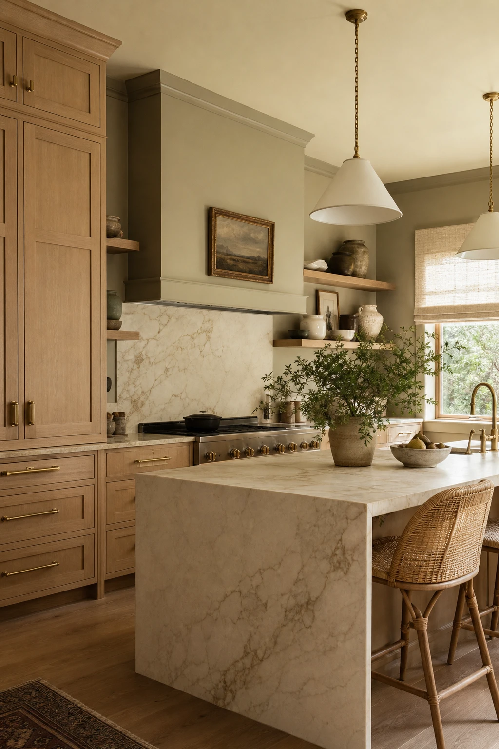 Brown and beige kitchen with light brown cabinets, beige walls, marble countertops, warm pendant lighting, and natural wood open shelving in soft morning light