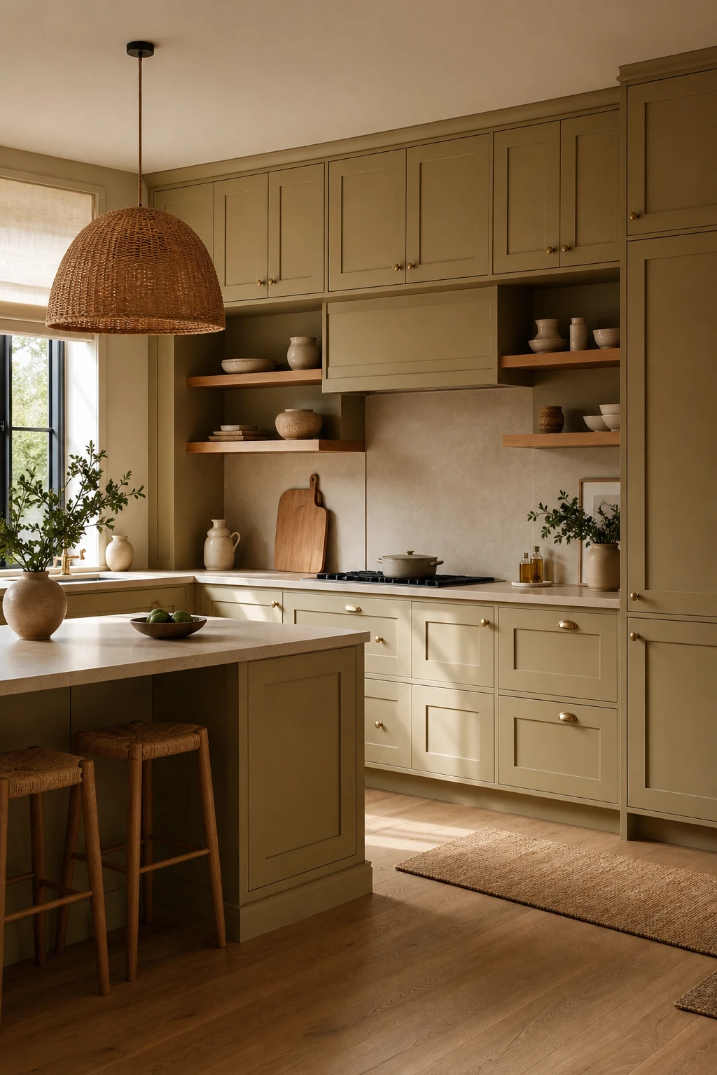 Brown and beige kitchen with light brown cabinets painted Farrow and Ball Cardamom, warm natural light, open airy layout with timber and stone details