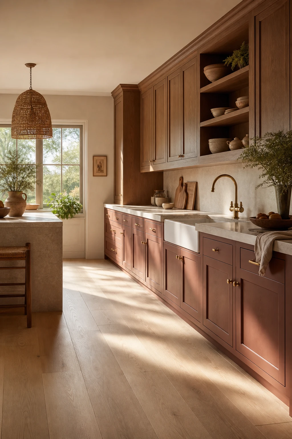 Brown and beige kitchen with light wide plank floors as the hero, warm cabinetry, stone countertops, and Farrow and Ball Fox Red painted lower cabinets