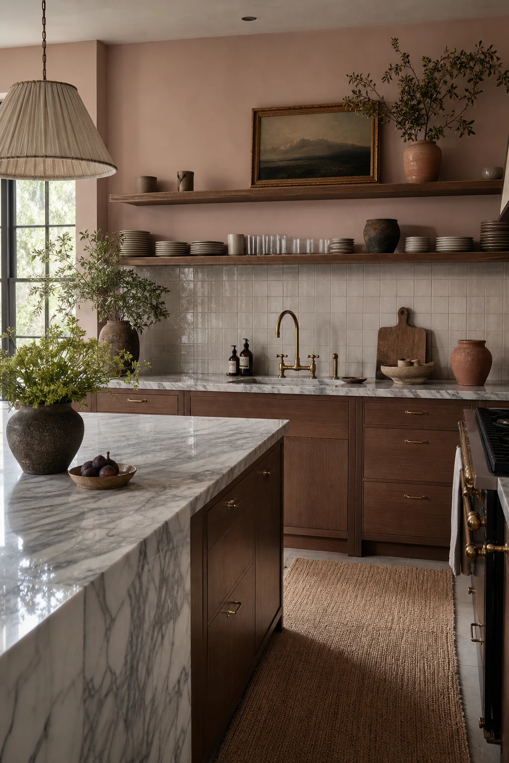 Brown and beige kitchen with marble countertops as hero, warm cabinetry, open shelving, brass fixtures, and Farrow Ball Folly Pink painted upper walls