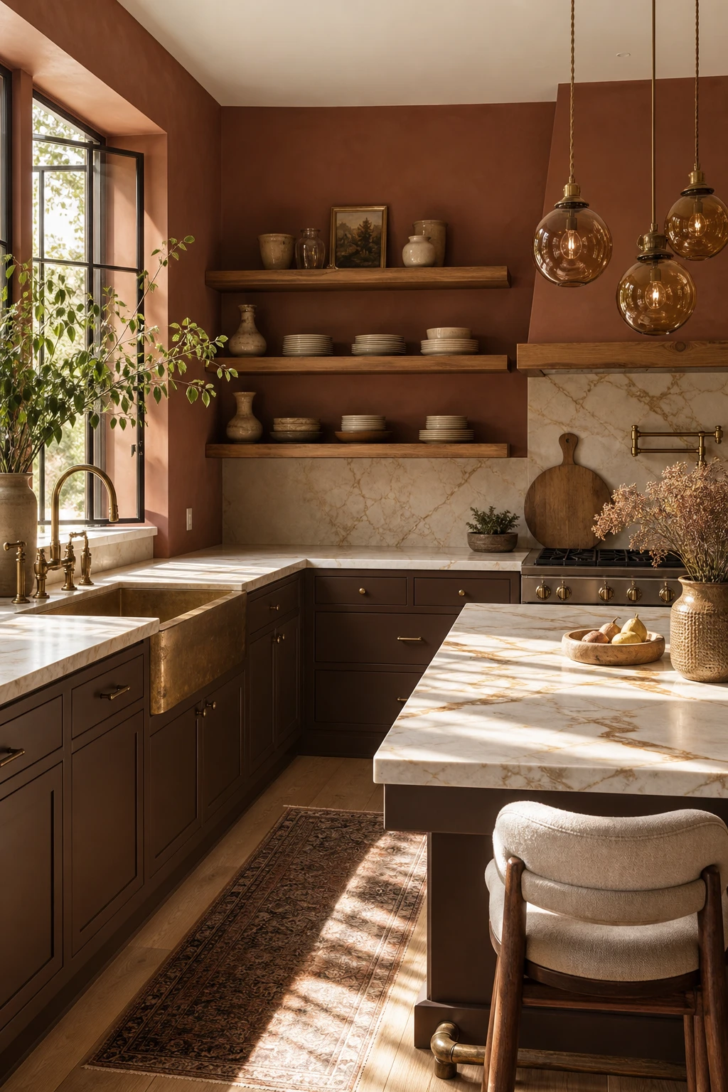 Brown and beige kitchen with marble countertops as hero, warm cabinetry, open shelving, terracotta walls, and natural morning light