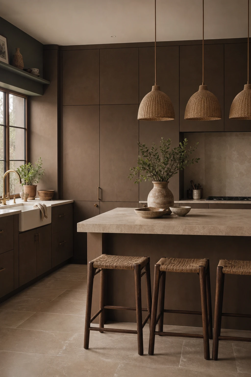 Brown and beige kitchen with matte brown finish cabinets, beige plaster walls painted Farrow and Ball Broccoli Brown, stone countertops and warm pendant lighting