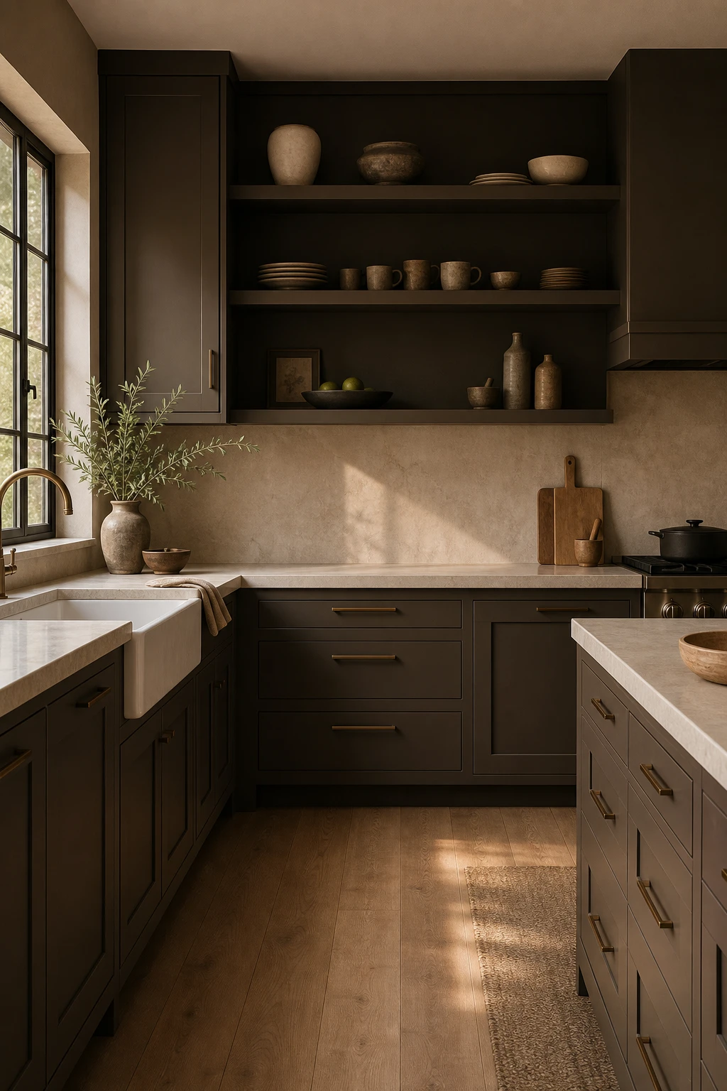 Brown and beige kitchen with matte finish brown cabinets, beige stone countertops, integrated handles, and warm natural light from a side window