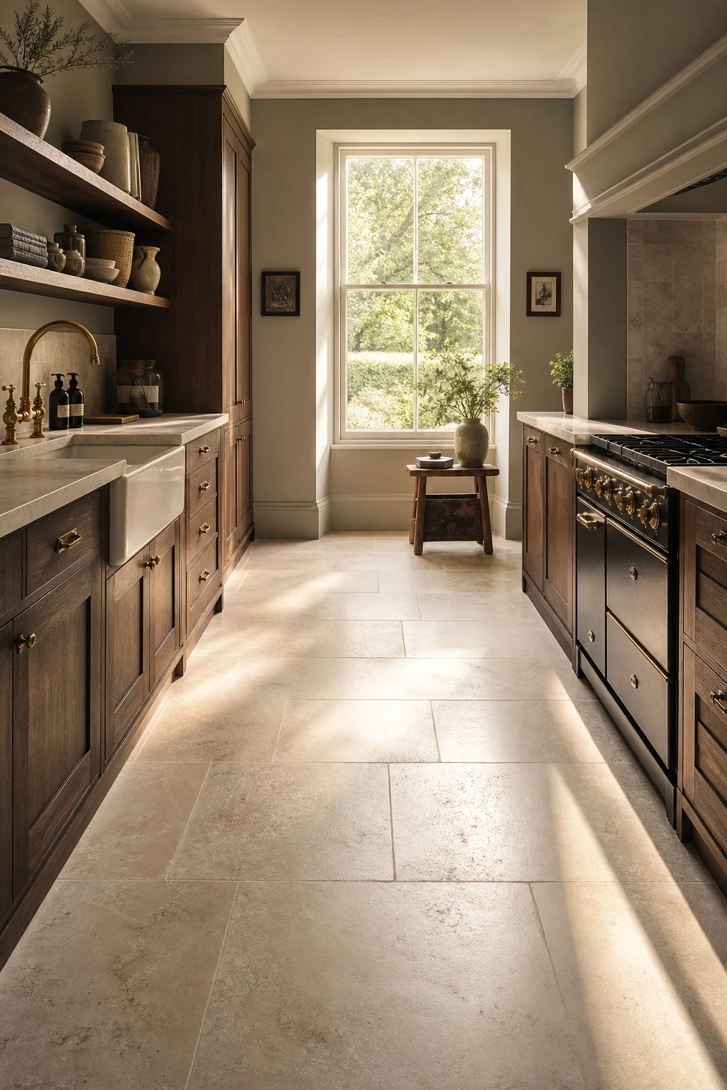 Brown and beige kitchen with pale natural stone floors, warm brown cabinetry, beige walls, and soft morning light flooding across the room