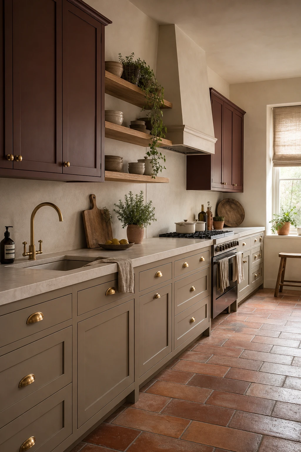 Brown and beige kitchen with taupe cabinets as the hero, warm wood open shelves, linen Roman blind, terracotta tile floor, brushed brass hardware, soft natural morning light
