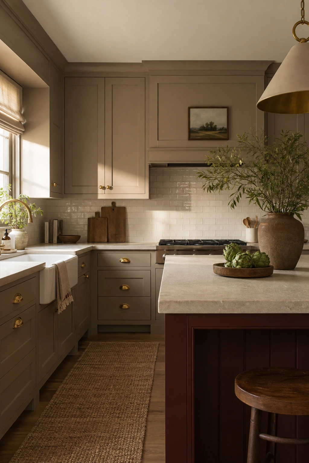 Brown and beige kitchen with taupe shaker cabinets, stone countertops, brass hardware, and warm natural light over a marble subway tile backsplash