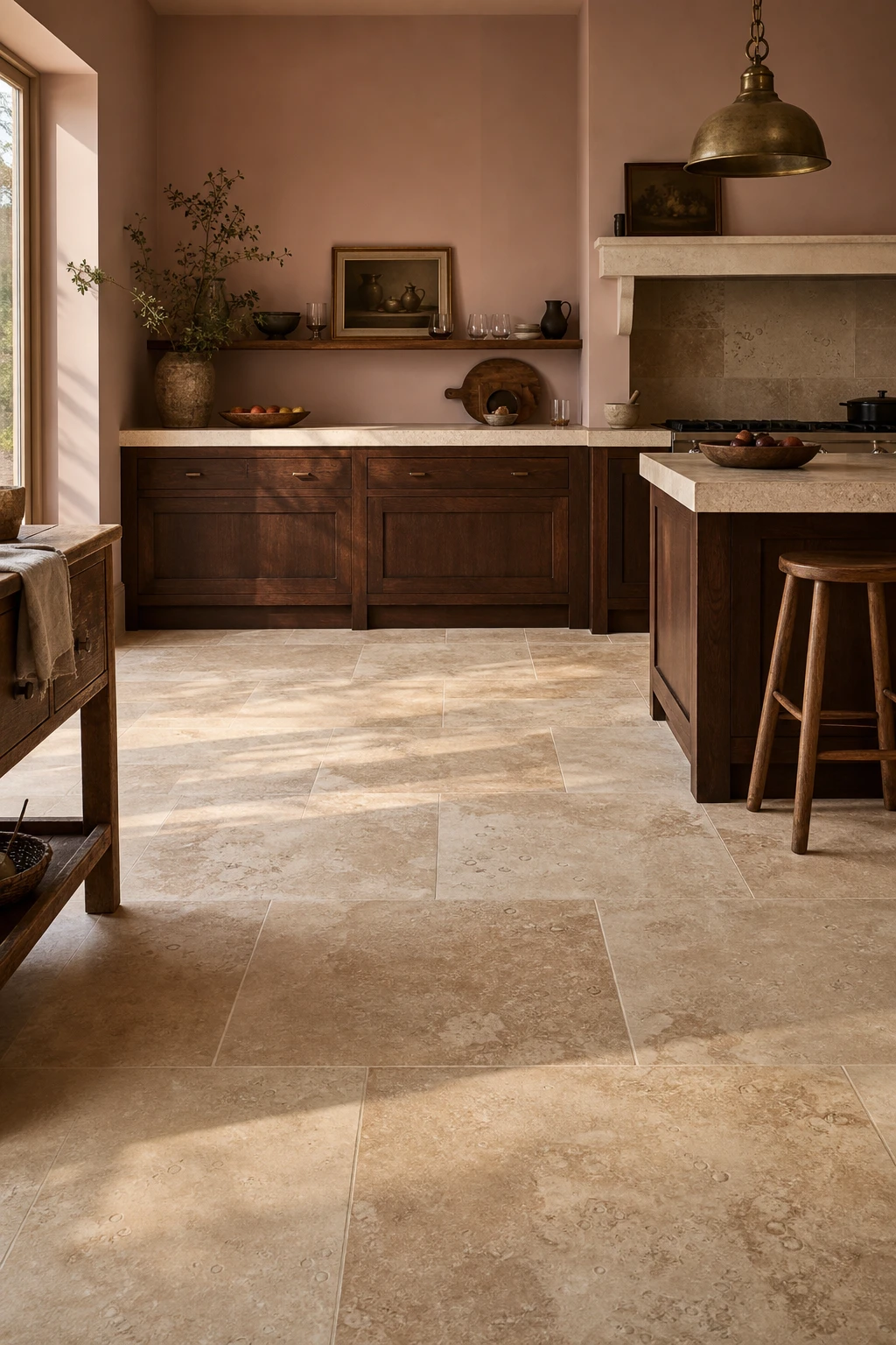 Brown and beige kitchen with travertine floor as hero, warm cabinetry, stone countertop, and Farrow and Ball Folly Pink walls in soft natural morning light