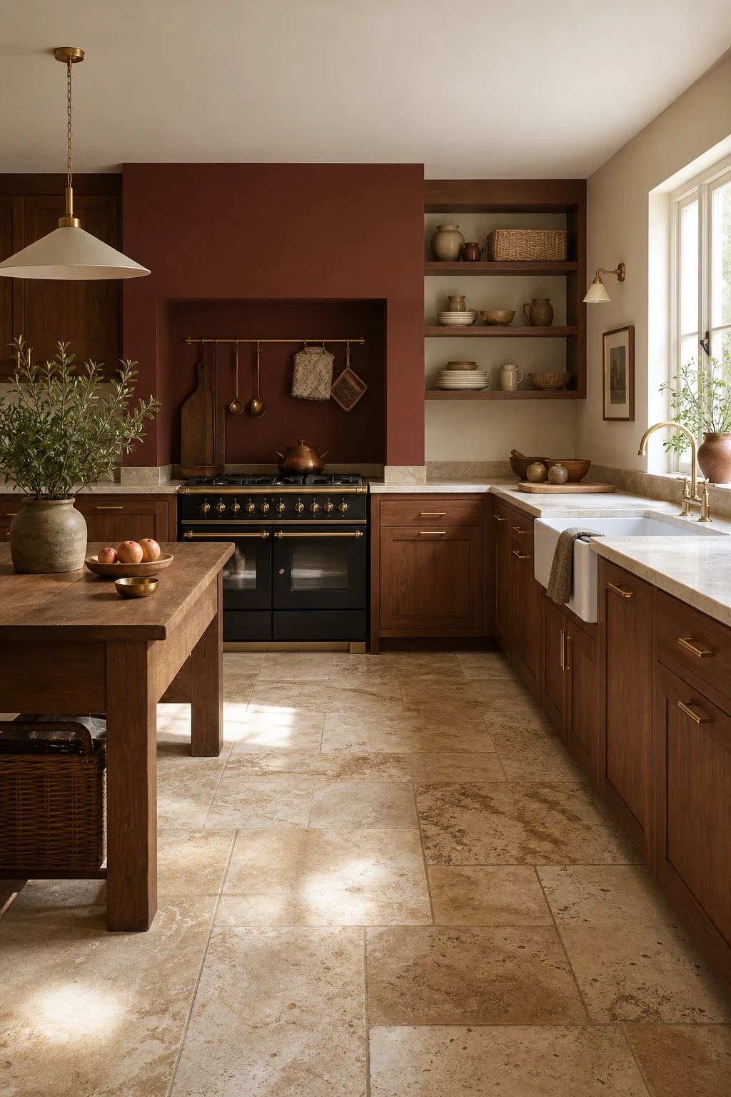 Brown and beige kitchen with travertine floor tiles, warm earth tone walls, wooden cabinetry, stone countertops and natural light from a window