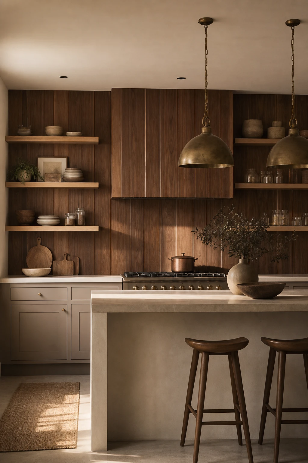 Brown and beige kitchen with walnut backsplash hero, warm pendant lighting, open shelving, stone countertops, and Farrow and Ball Wainscot painted lower cabinets