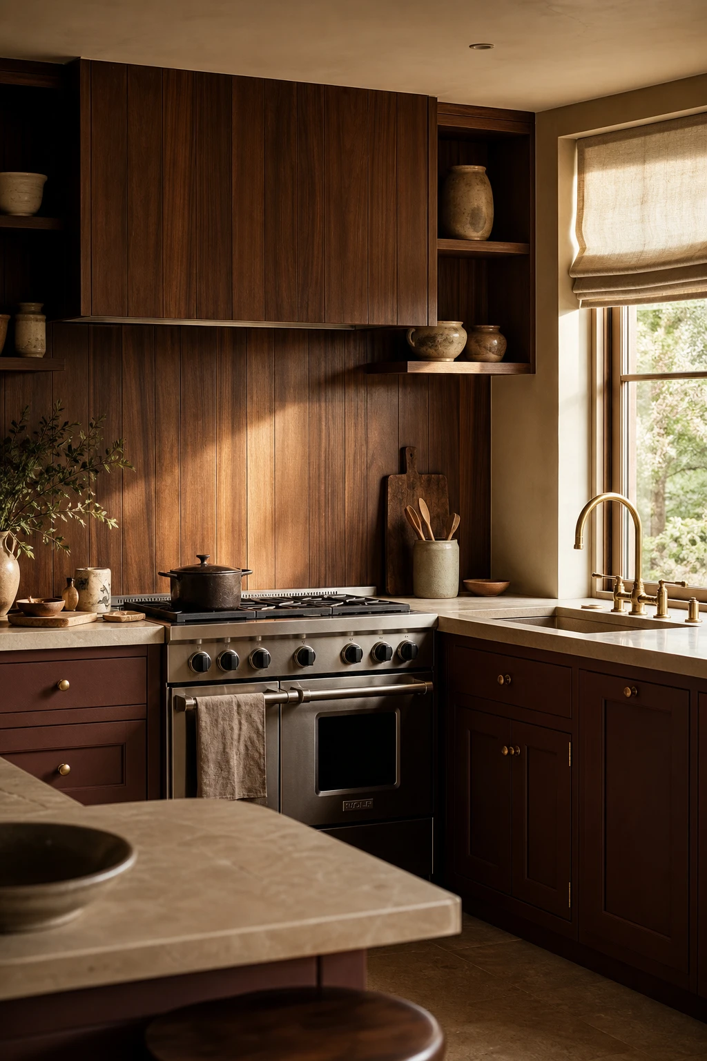 Brown and beige kitchen with walnut wood backsplash as hero feature, warm grain running vertically behind hob, Farrow and Ball Mahogany cabinetry