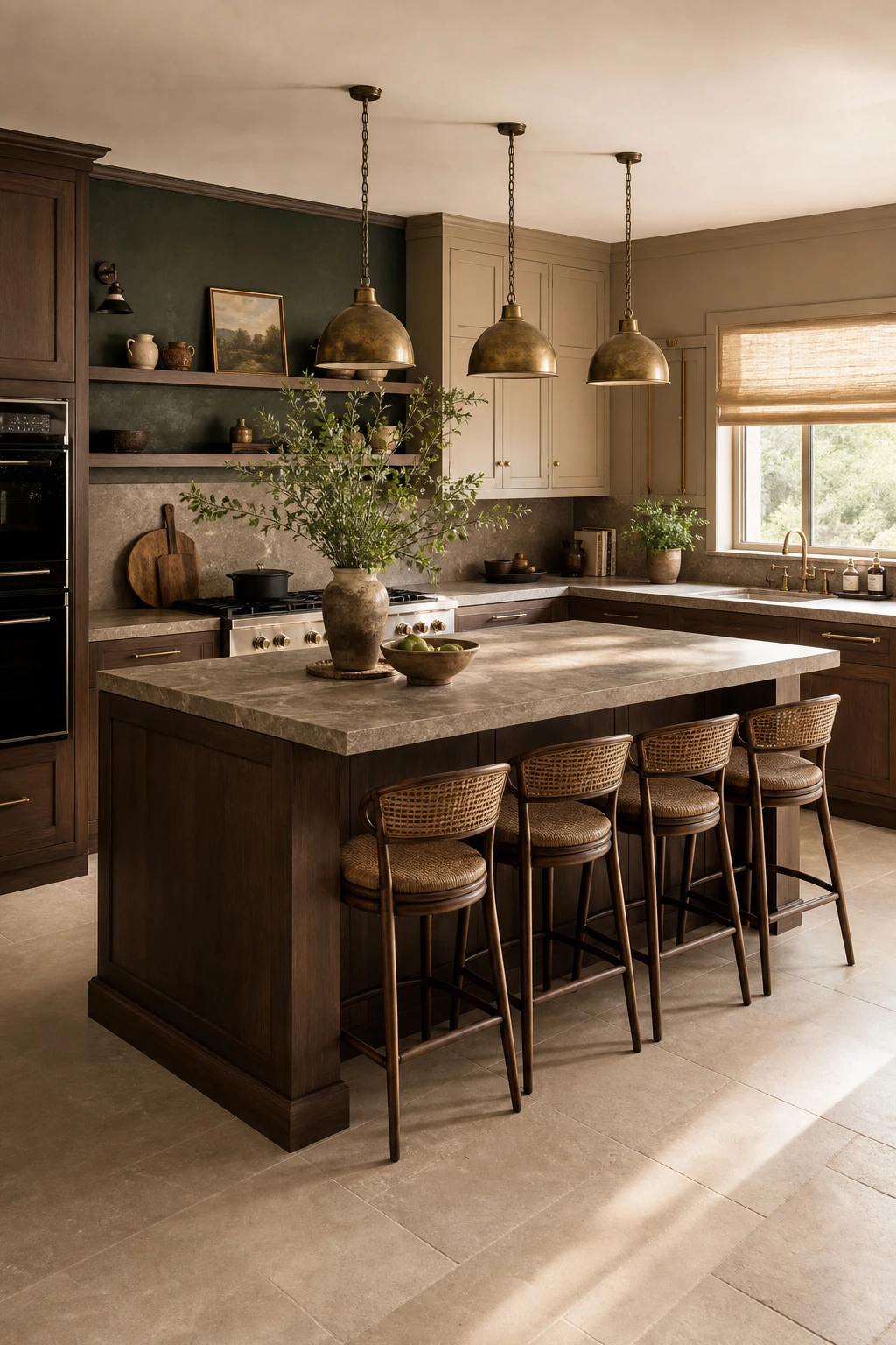 Brown and beige L shaped kitchen with central island, warm earthy tones, natural wood cabinets, stone countertops, pendant lighting, magazine quality interior photography