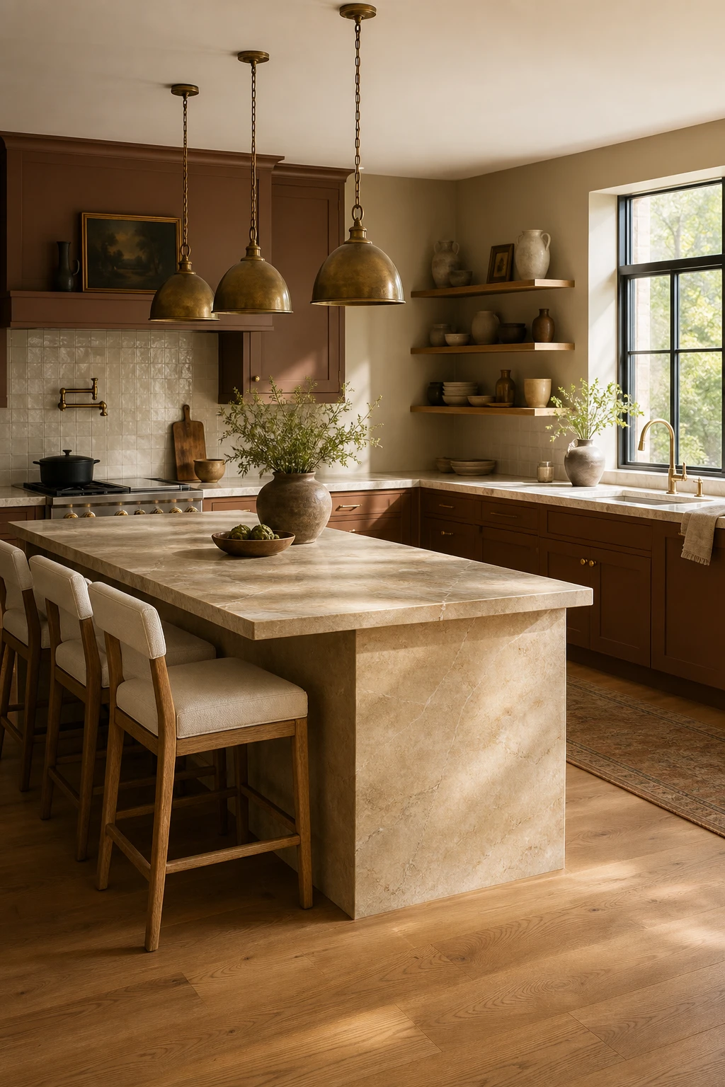 Brown and beige L shaped kitchen with island, warm earth tone cabinetry, natural stone countertops, and pendant lighting over the island workspace