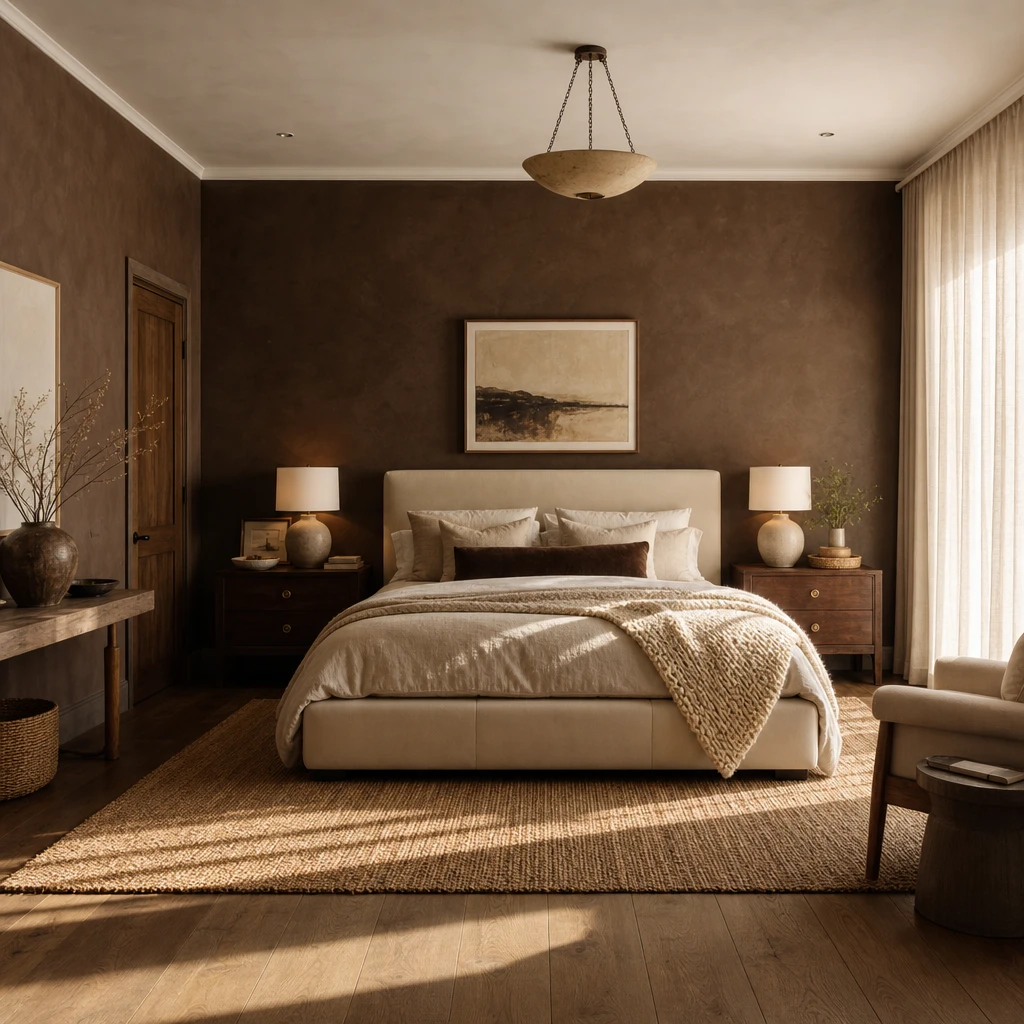 Brown and cream bedroom with a chocolate brown plaster accent wall, leather bed frame, layered linen and velvet bedding, walnut nightstands, and a jute rug in warm late afternoon light.