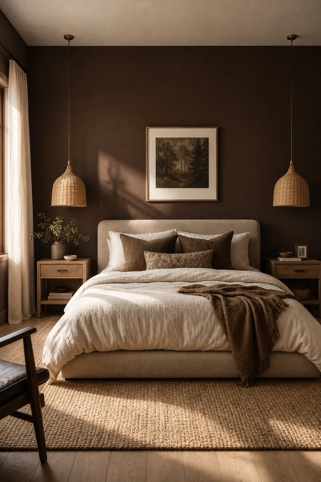 Brown and cream bedroom with a deep brown accent wall behind the bed, layered cream bedding, natural wood nightstands, and warm pendant lighting