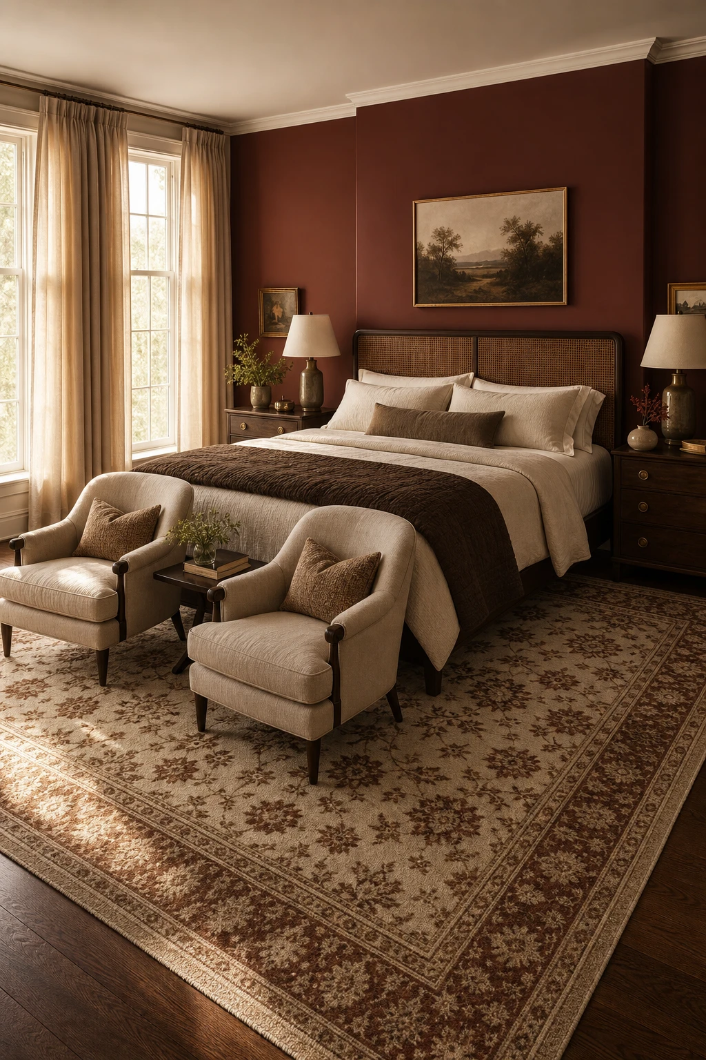 Brown and cream bedroom with a large area rug anchoring the bed, nightstands, and seating in warm tones with Farrow and Ball Book Room Red accent wall
