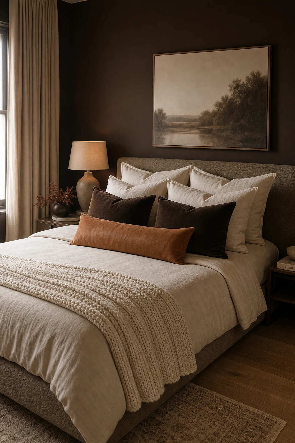 Brown and cream bedroom with a layered pillow arrangement as the hero, featuring euro shams, lumbar cushions, linen bedding, and warm morning light on Cola painted walls