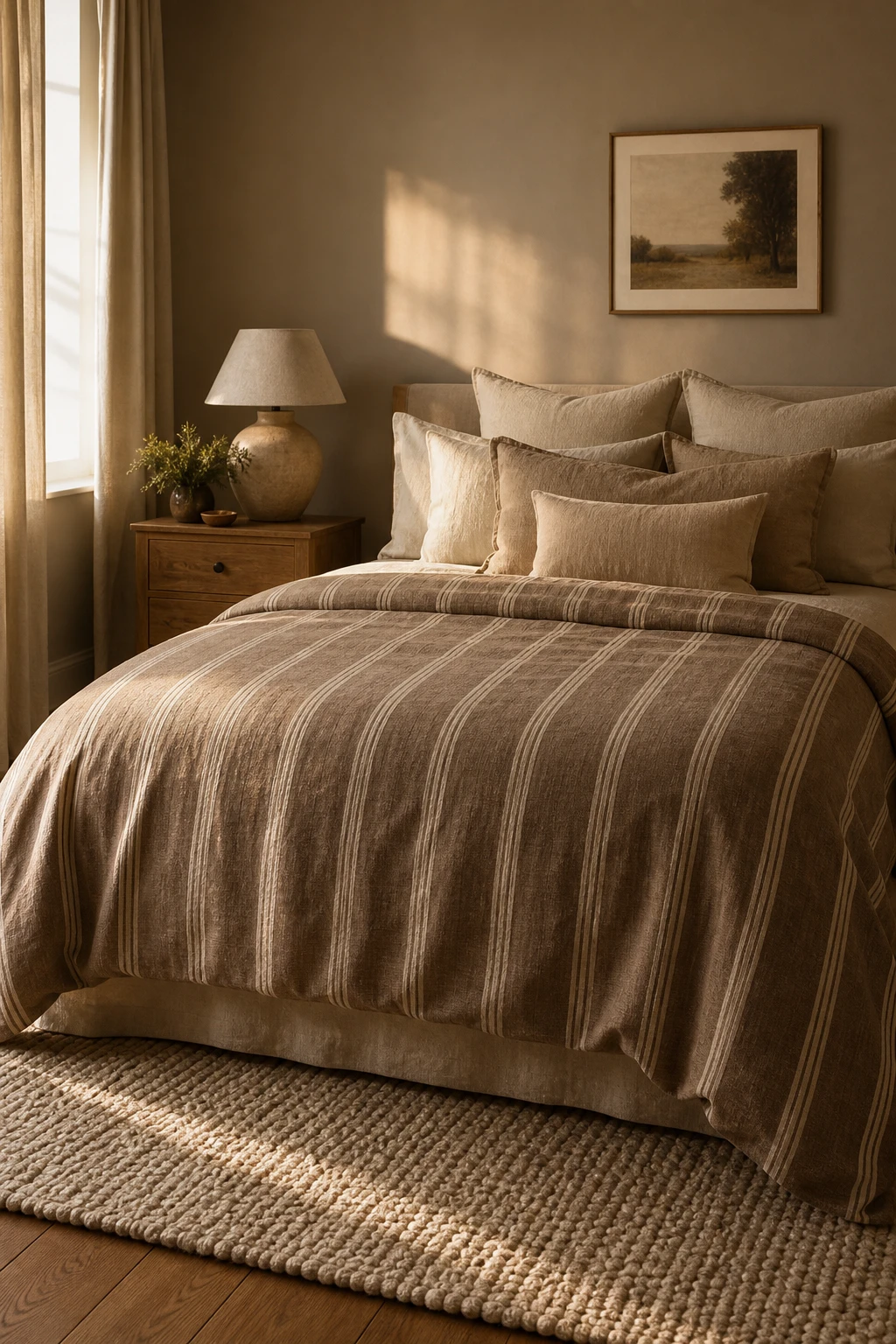 Brown and cream bedroom with a striped brown duvet as the hero, linen pillows, wooden bedside table, woven rug, and warm afternoon light on Farrow and Ball Drab walls