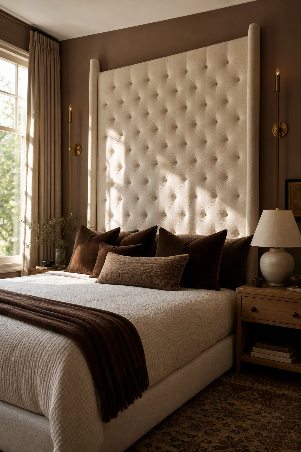 Brown and cream bedroom with a tall cream upholstered headboard anchoring a richly layered bed against Farrow and Ball Menagerie painted walls