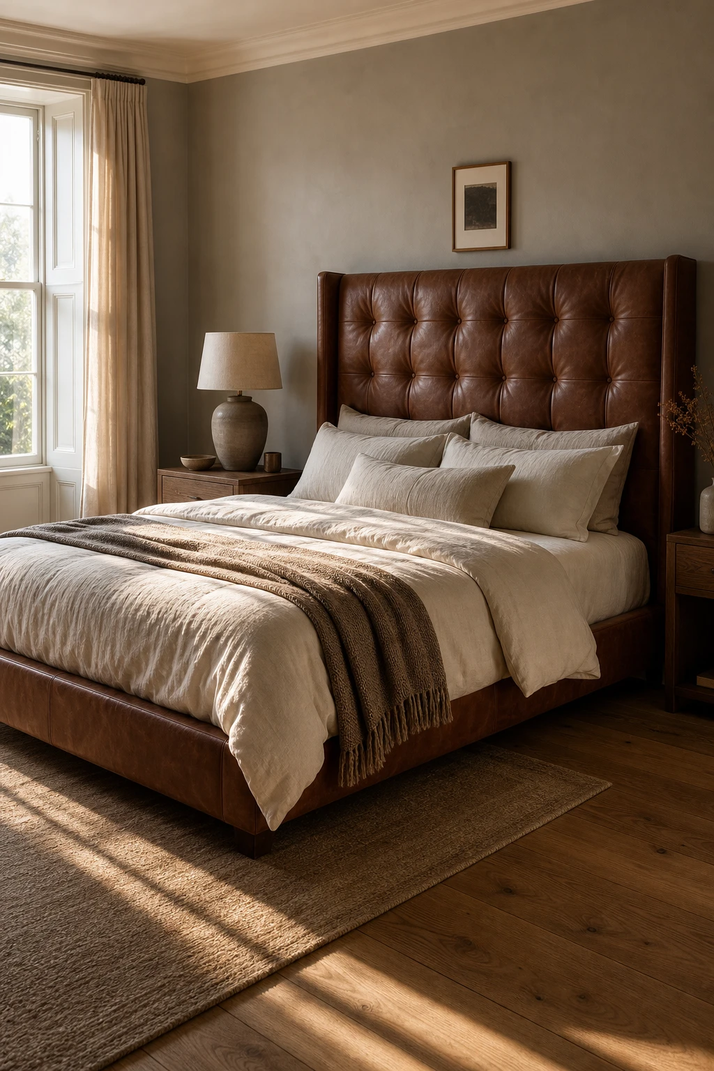 Brown and cream bedroom with a tufted leather bed frame as the focal point, warm natural light, Farrow and Ball London Stone walls, linen bedding and timber flooring