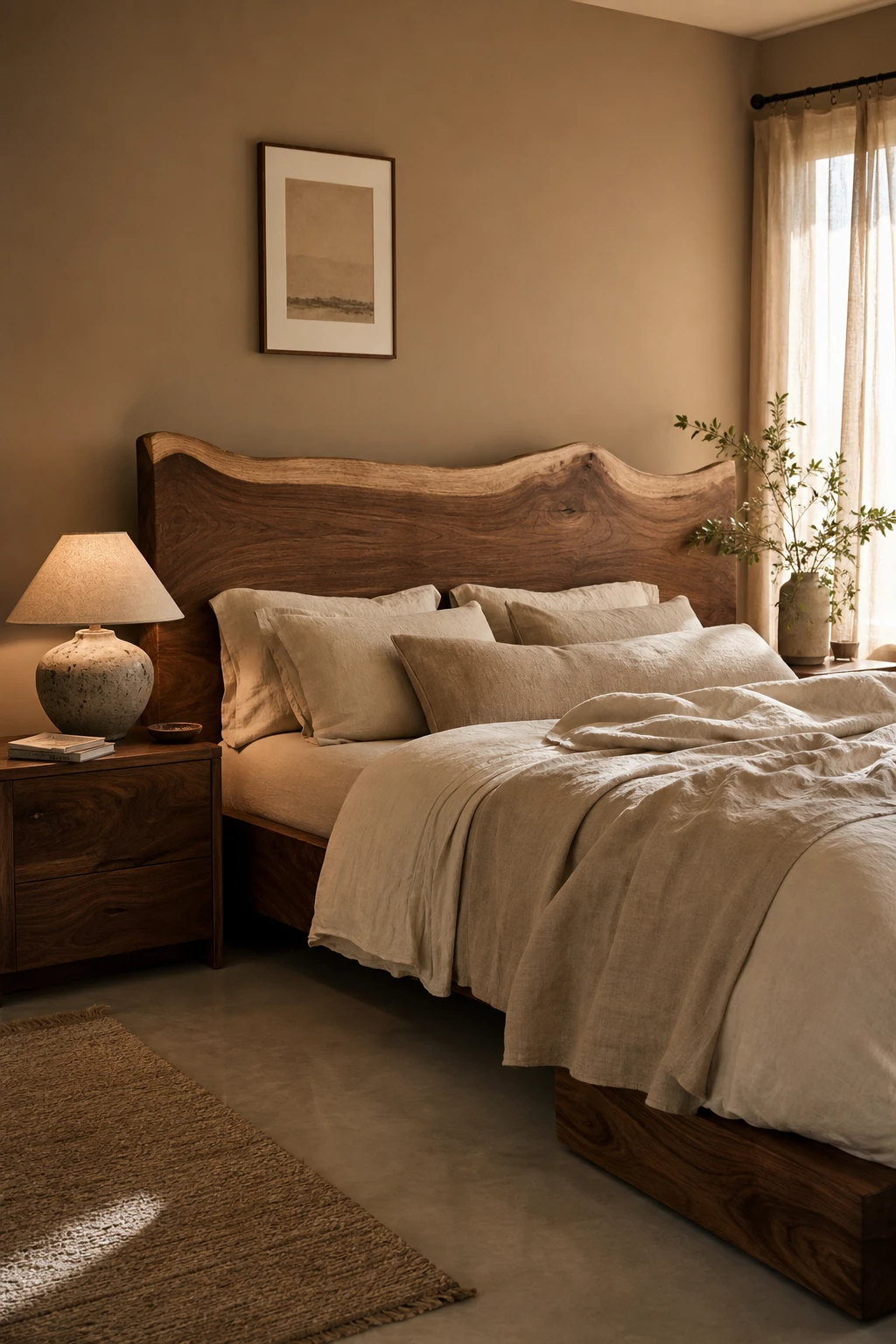 Brown and cream bedroom with a wood headboard as hero, cream bedding, linen curtains, bedside tables and warm morning light on Farrow and Ball Naperon walls