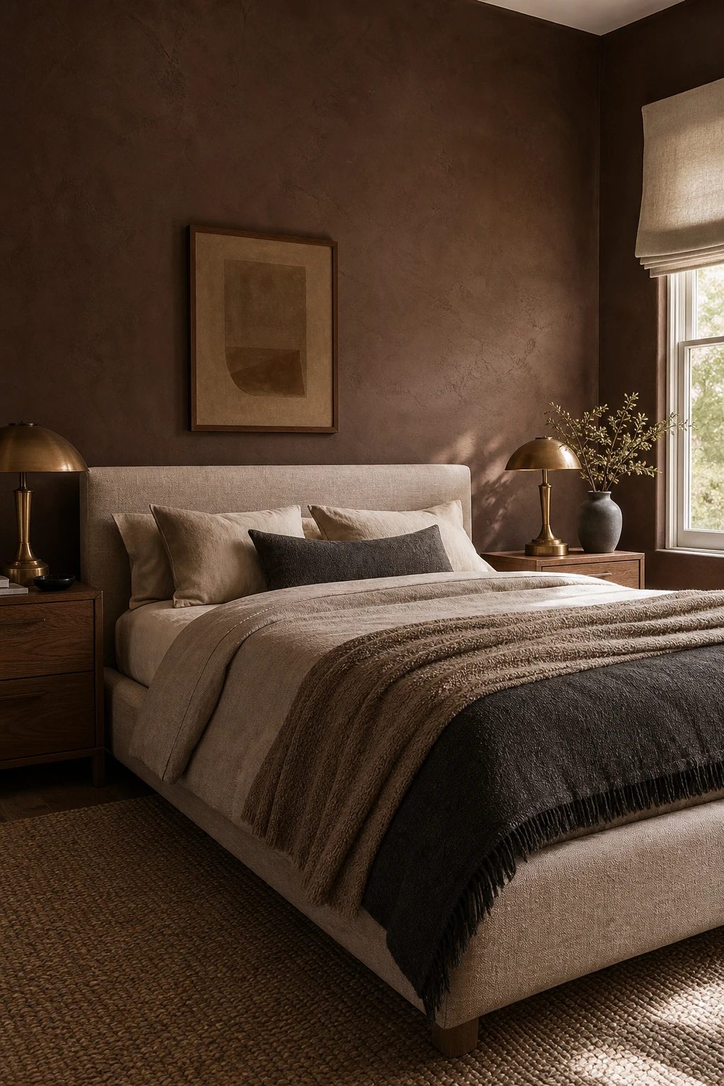 Brown and cream bedroom with brown grey mix walls, linen bedding, natural wood nightstands, and soft grey accents in warm morning light