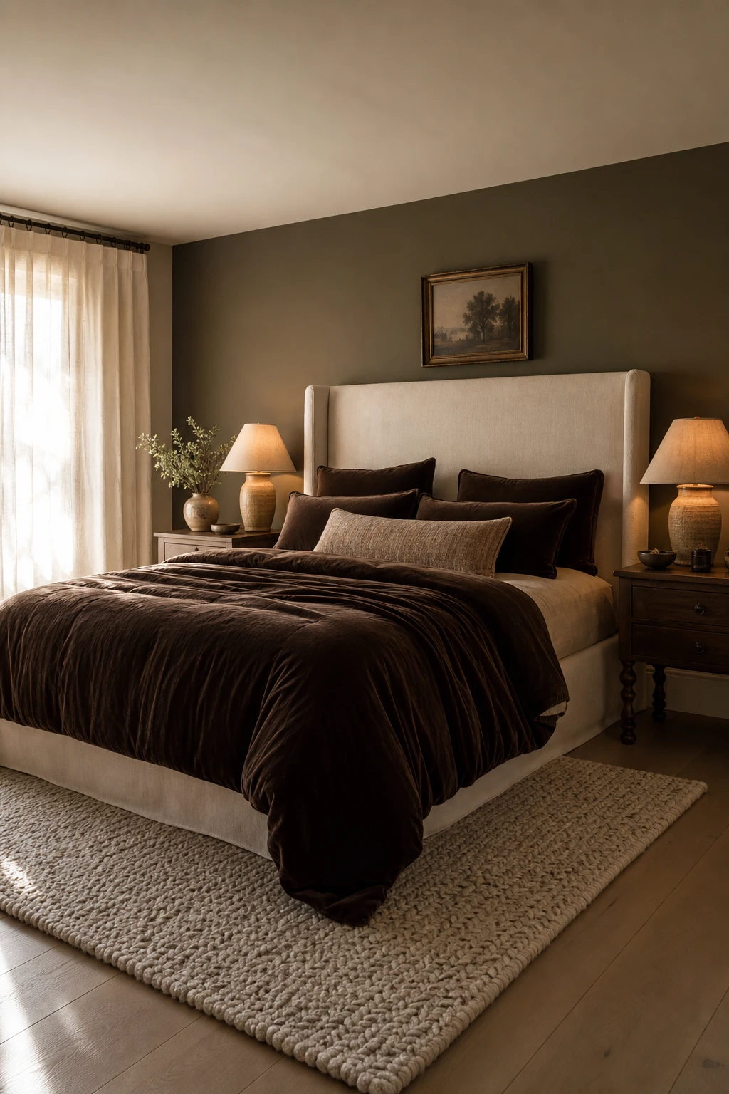 Brown and cream bedroom with chocolate brown bedding as the focal point, cream walls in Farrow and Ball Broccoli Brown paint, layered textures and warm lighting