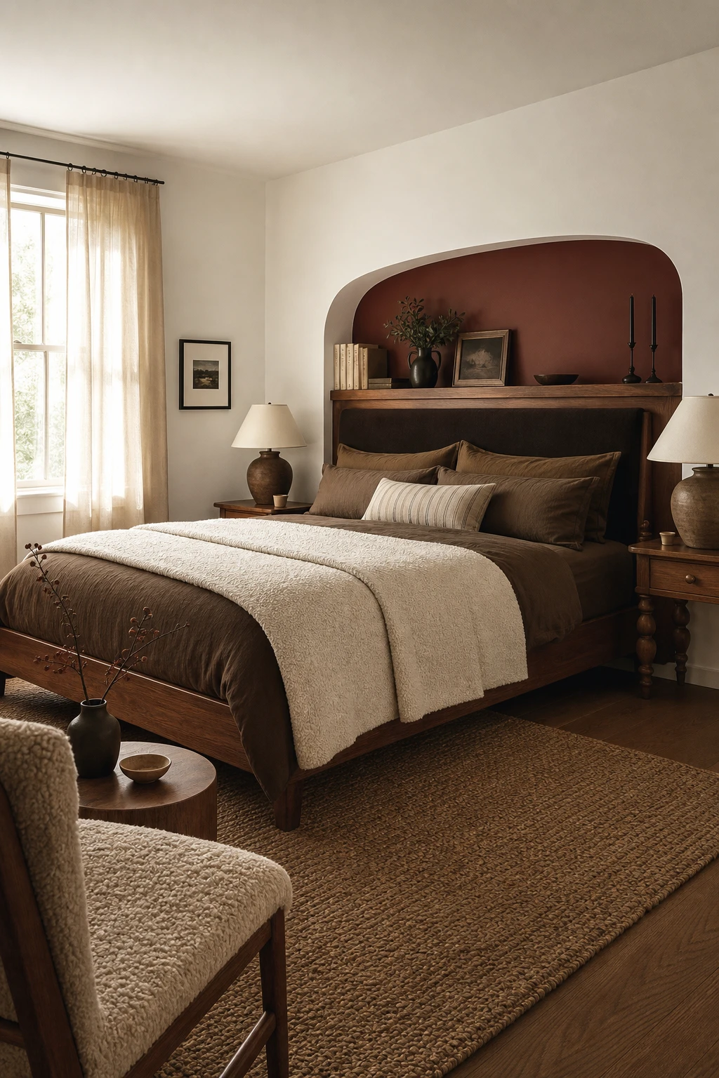 Brown and cream bedroom with crisp white walls showcasing rich brown furniture and layered warm bedding in a serene, light filled space