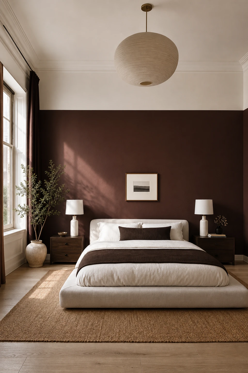 Brown and cream bedroom with dark brown and white contrast, featuring bold colour blocking on walls, crisp white bedding and rich timber furniture