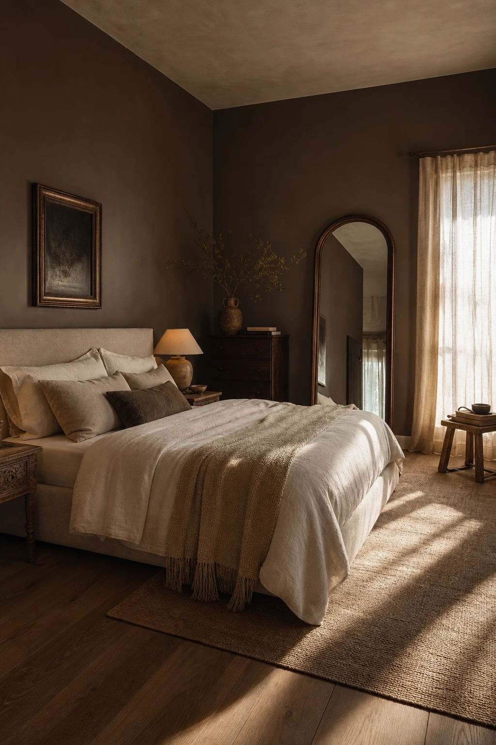 Brown and cream bedroom with dark brown walls painted in Farrow and Ball London Clay, featuring cream linen bedding, warm timber flooring and soft ambient lighting