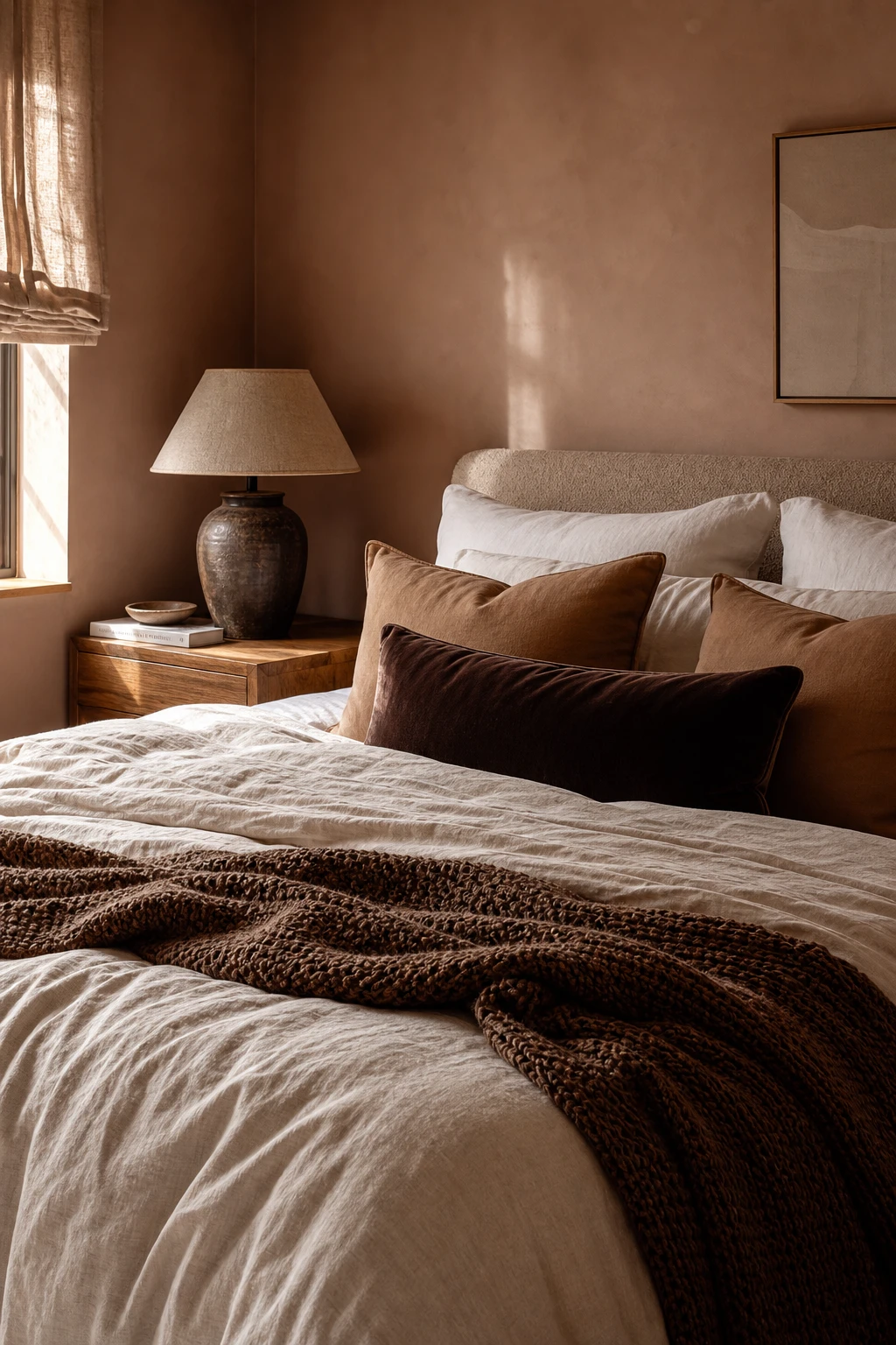 Brown and cream bedroom with layered bedding in warm earth tones, textured throws, stacked pillows, linen duvet and Farrow and Ball Duster painted walls