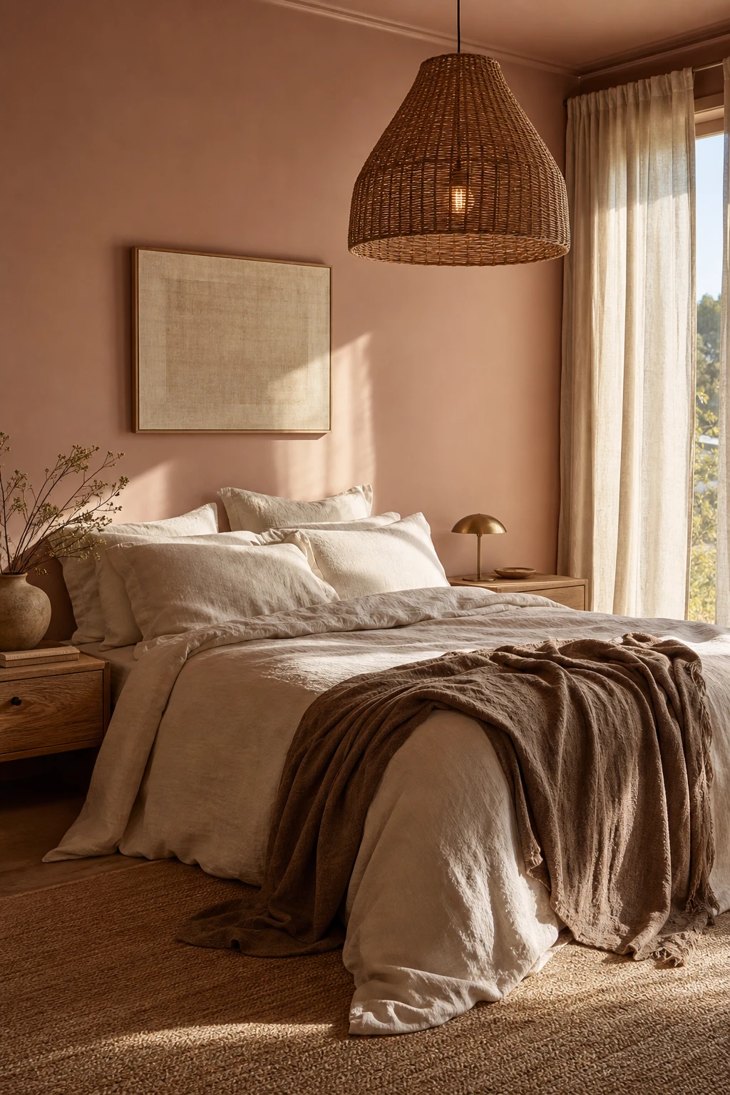 Brown and cream bedroom with linen bedding hero, wooden nightstands, rattan pendant, sheer curtains, and Farrow & Ball Folly Pink accent wall in warm natural light