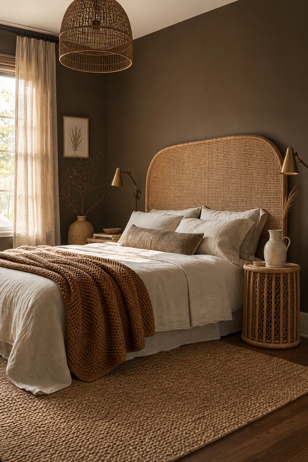Brown and cream bedroom with rattan decor as the hero, featuring woven headboard, natural fiber rug, cream walls in Farrow and Ball Wainscot paint and soft linen bedding