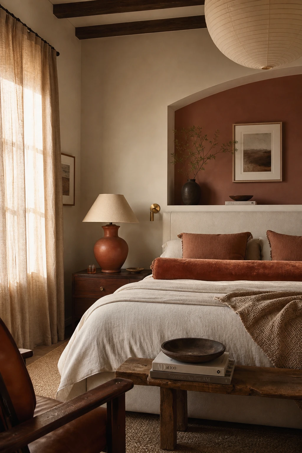 Brown and cream bedroom with rust accent cushions, terracotta lamp, woven throws, and Farrow and Ball Faded Terracotta painted wall niche adding earthy warmth