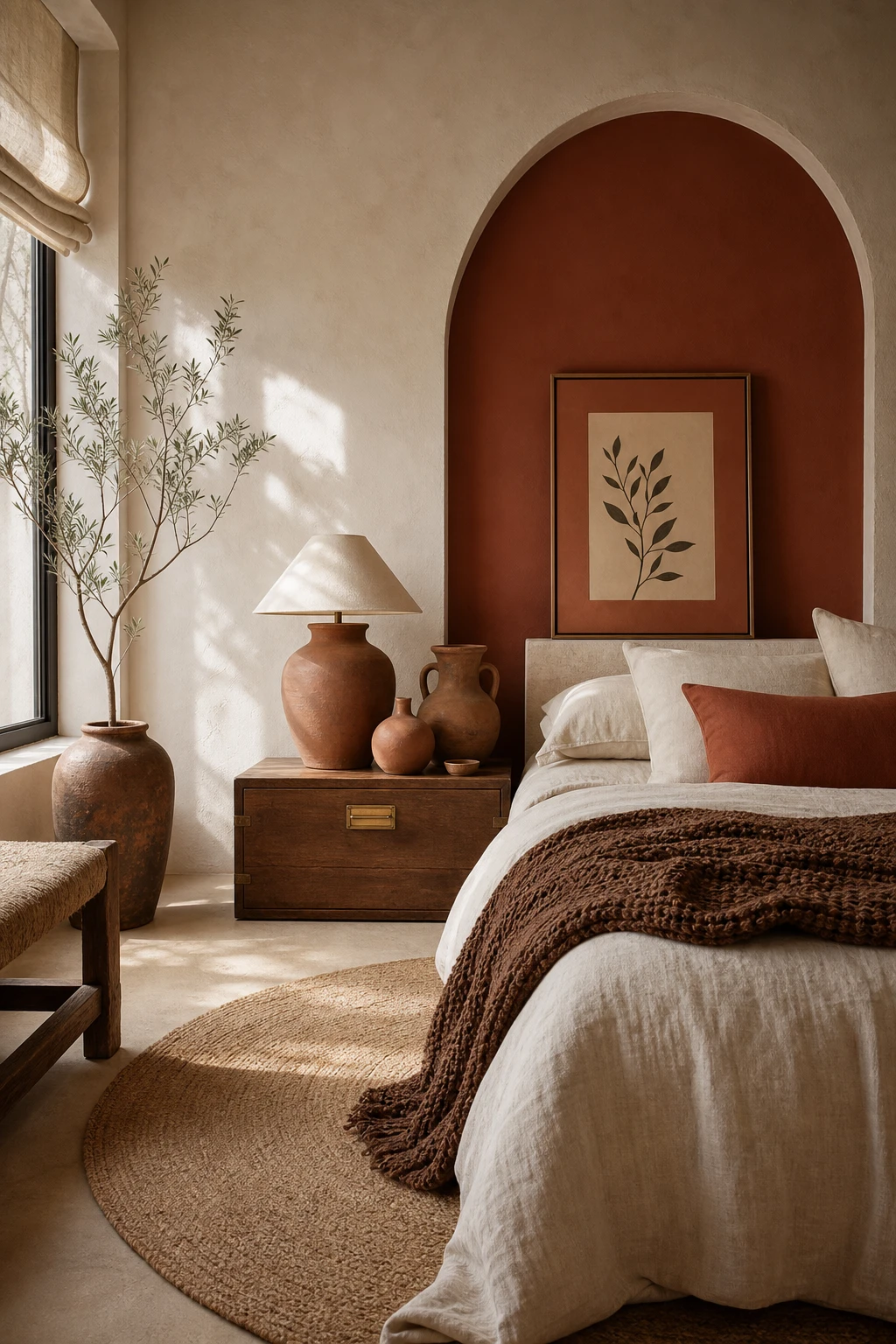 Brown and cream bedroom with terracotta accents including clay vessels, woven cushions, and a ceramic table lamp against Farrow and Ball Red Earth painted wall panel