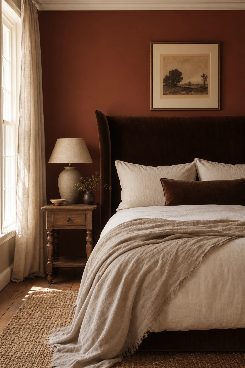 Brown and cream bedroom with velvet and linen textiles layered together, warm earth tone walls, soft natural light, luxurious yet restrained palette