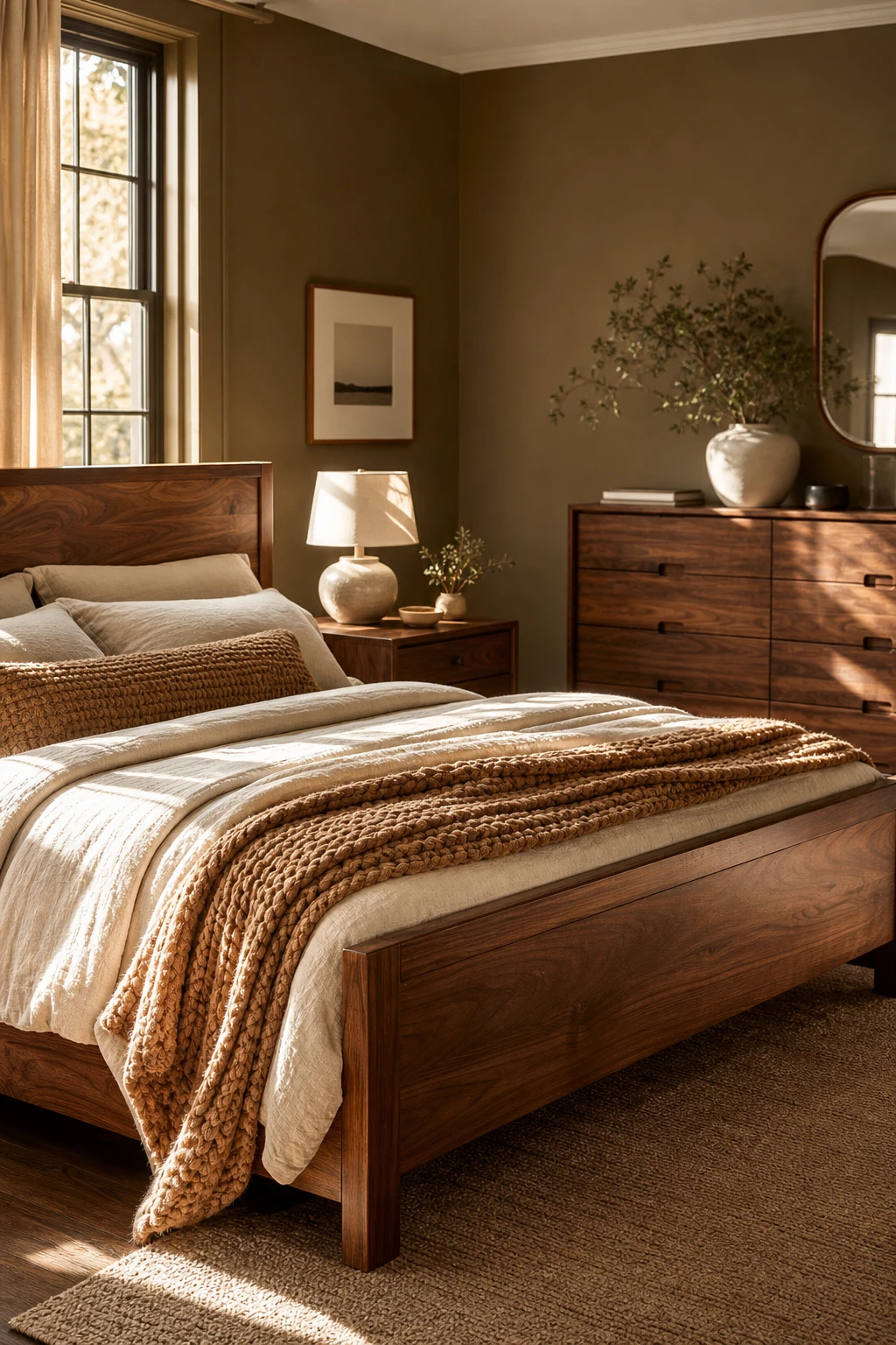 Brown and cream bedroom with walnut furniture as the hero, cream walls in Farrow and Ball Cardamom paint, linen bedding, and warm grain wood details
