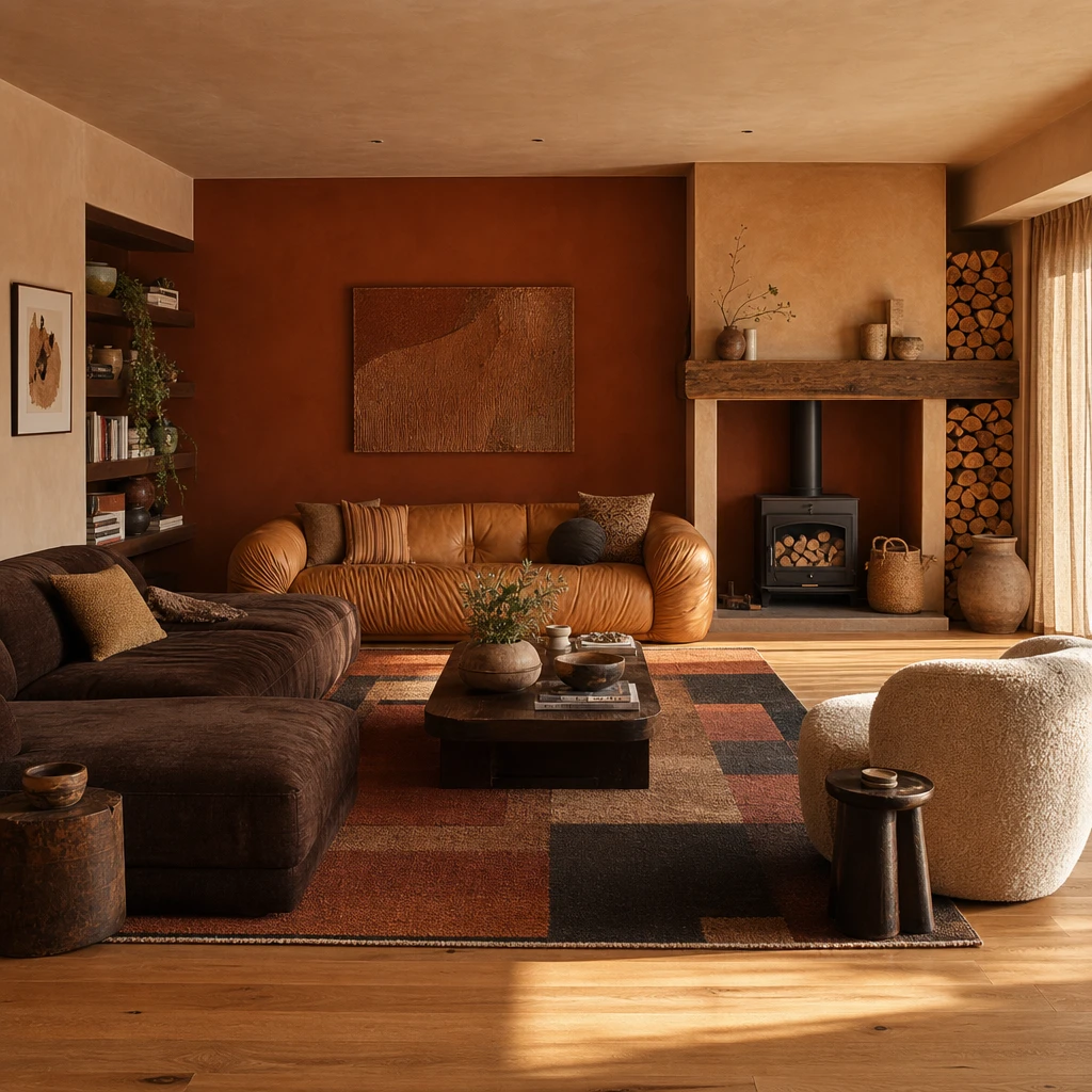 Brown and orange living room with burnt orange plaster walls, rounded tan leather sofa, walnut wood flooring, a geometric rust rug, and a log burner lit in warm late-afternoon light.