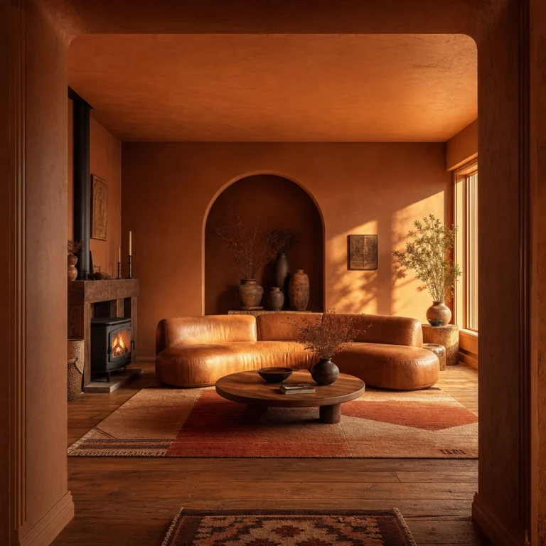 Brown and orange living room with burnt orange plaster walls, a curved tan leather sofa, layered terracotta rugs, a painted arch, and warm late afternoon light raking across the oak floor.