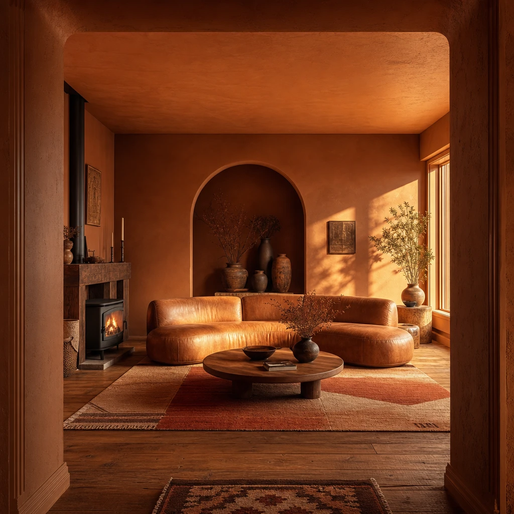 Brown and orange living room with burnt orange plaster walls, a curved tan leather sofa, layered terracotta rugs, a painted arch, and warm late afternoon light raking across the oak floor.