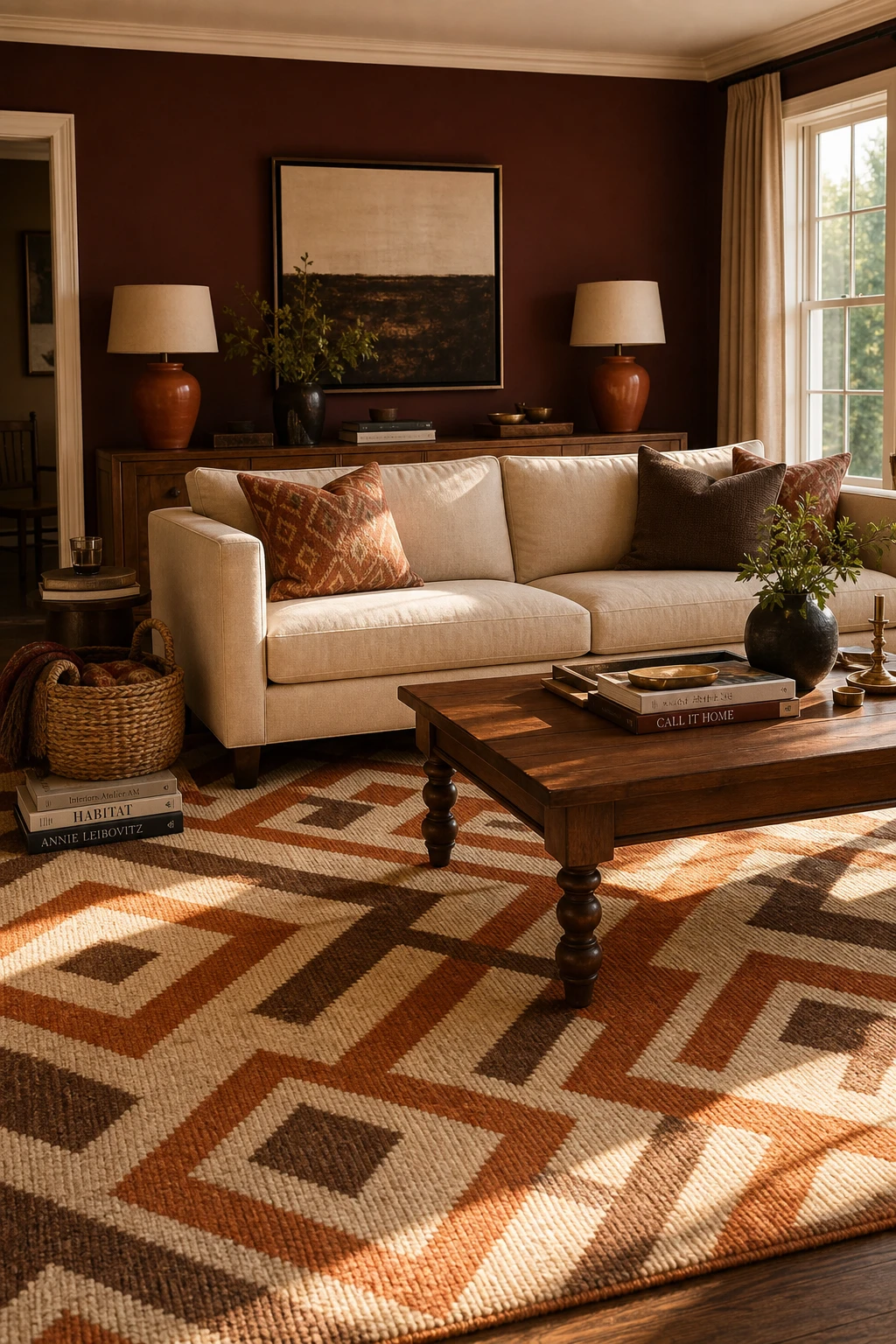 Brown and orange living room with a bold geometric area rug as the centrepiece, cream sofa, wooden coffee table, and warm ambient lighting